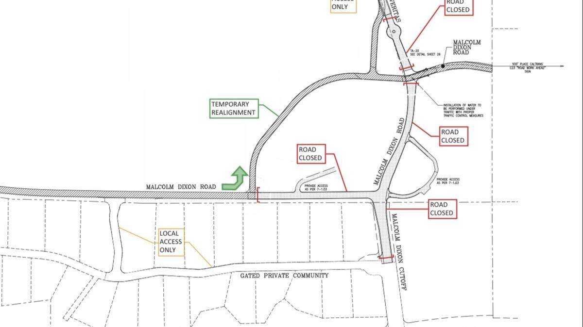Starting Monday, Oct. 4, 2021, motorists will undergo a temporary road detour along Malcolm Dixie Road in El Dorado Hills beginning west of Clarinda Way and end east of Casa Robles Road.