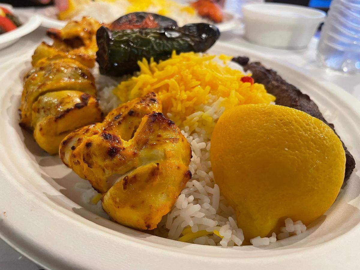 Essy’s Kabob’s joojeh sultani includes chicken and ground beef kebabs.