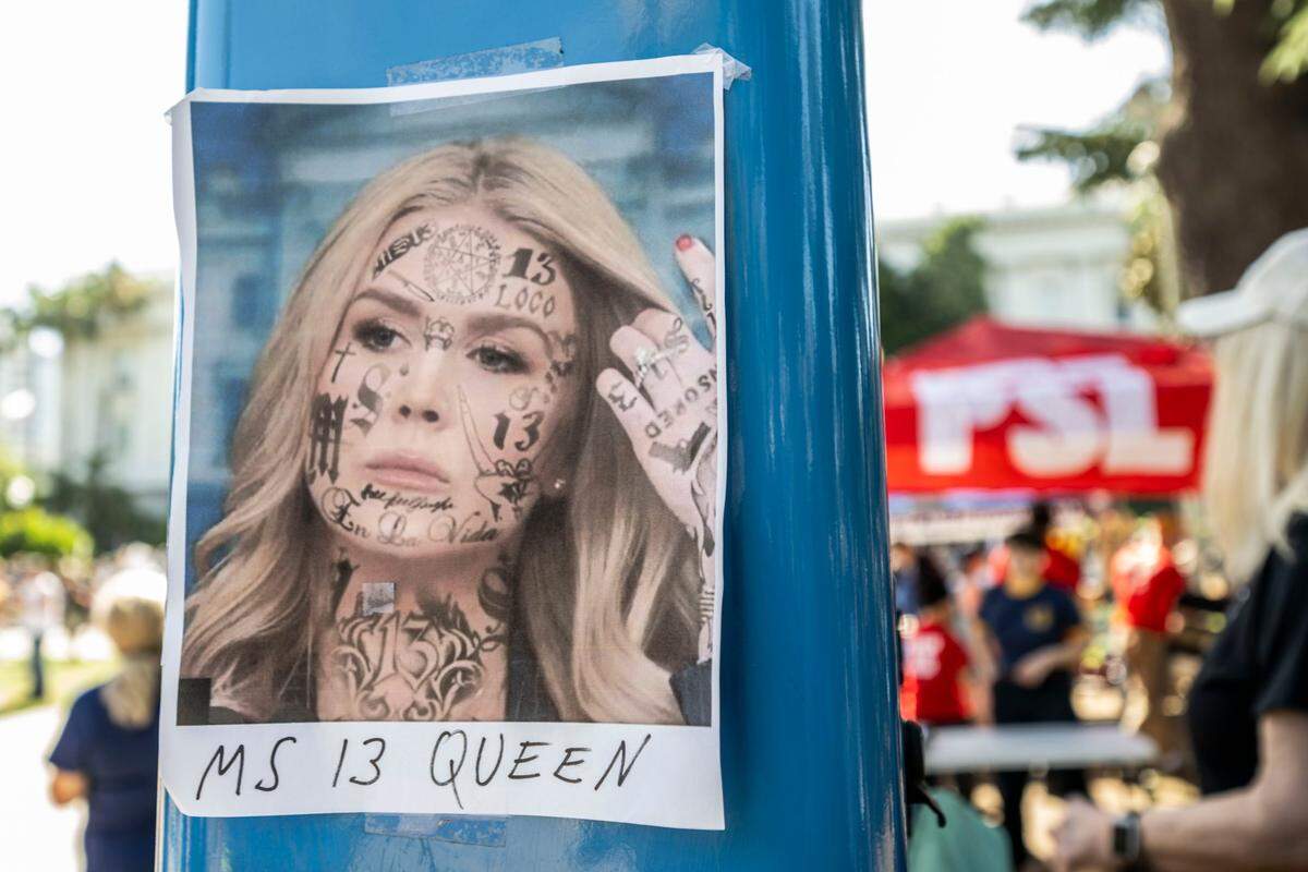 A photo of White House Press Secretary Karoline Leavitt, manipulated to show her with MS-13 gang tattoos, hangs on a pole during the “No Kings” protest at the state Capitol on Saturday.