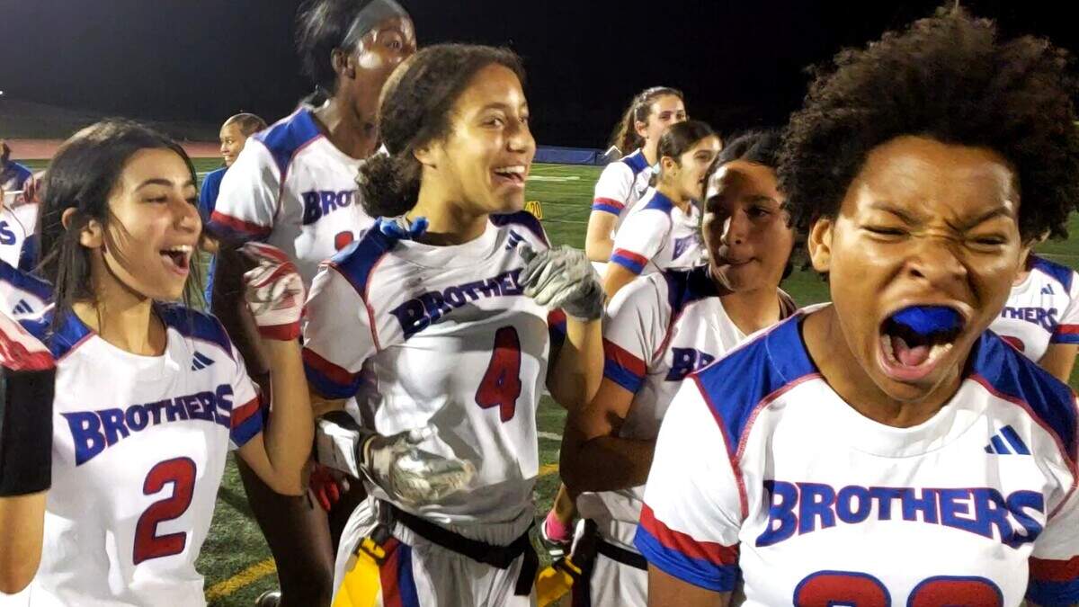 Christian Brothers High School flag football players celebrate after defeating Del Campo 6-0 to win the inaugural Capital Athletic League championship Thursday, Oct. 19, 2023, at Del Campo High School.