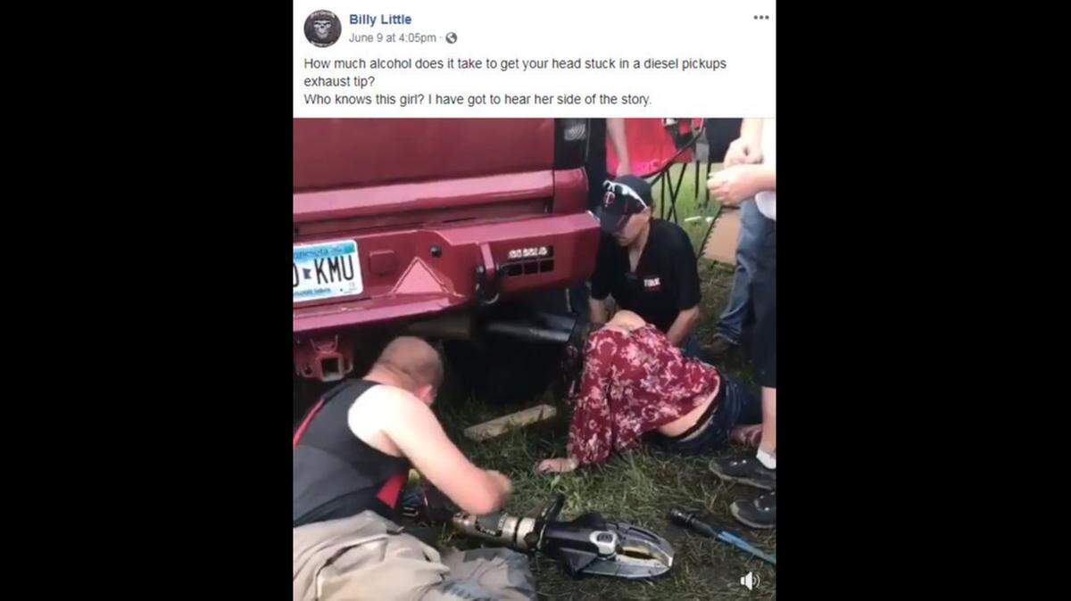 A video posted to Facebook by Billy Little shows a teenage girl with her head stuck in an oversize pickup truck exhaust pipe at the Winstock Country Music Festival in Minnesota.