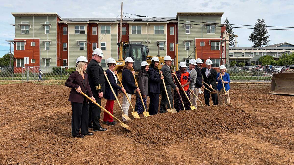 Community leaders break ground on Rancho Cordova's Mather Veterans Village, providing 70 more housing units for low-income and homeless veterans in the county, on Thursday, April 9, 2026. From left to right: Natalya Sachuk, Chris Flaherty, MaryLiz Paulson, Cari Scott, Mika Klinsmann, Tiffany Bohee, Garrett Gatewood, Levette Randolph Miller, Pat Hume, Ami Bera, Robert McGarvey and Linda Budge.