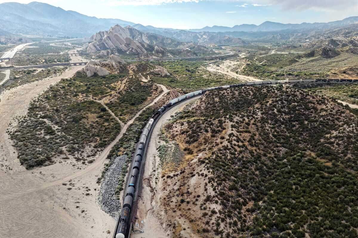 A freight train passes through Cajon Pass near the San Andreas Fault in Cajon Junction on June 23. A study published June 3 found that stress continues to build along the southern San Andreas and San Jacinto fault systems, increasing concern about the potential for a future magnitude 7 or larger earthquake in Southern California.