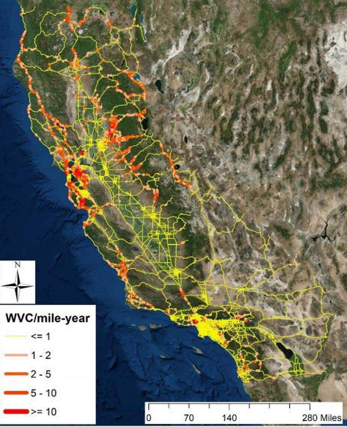 High-density wildlife vehicle collision hotspots for 2015 to 2018. Hotspots can vary in length from 1 to several miles. Density is expressed as number of incidents per mile per year.
