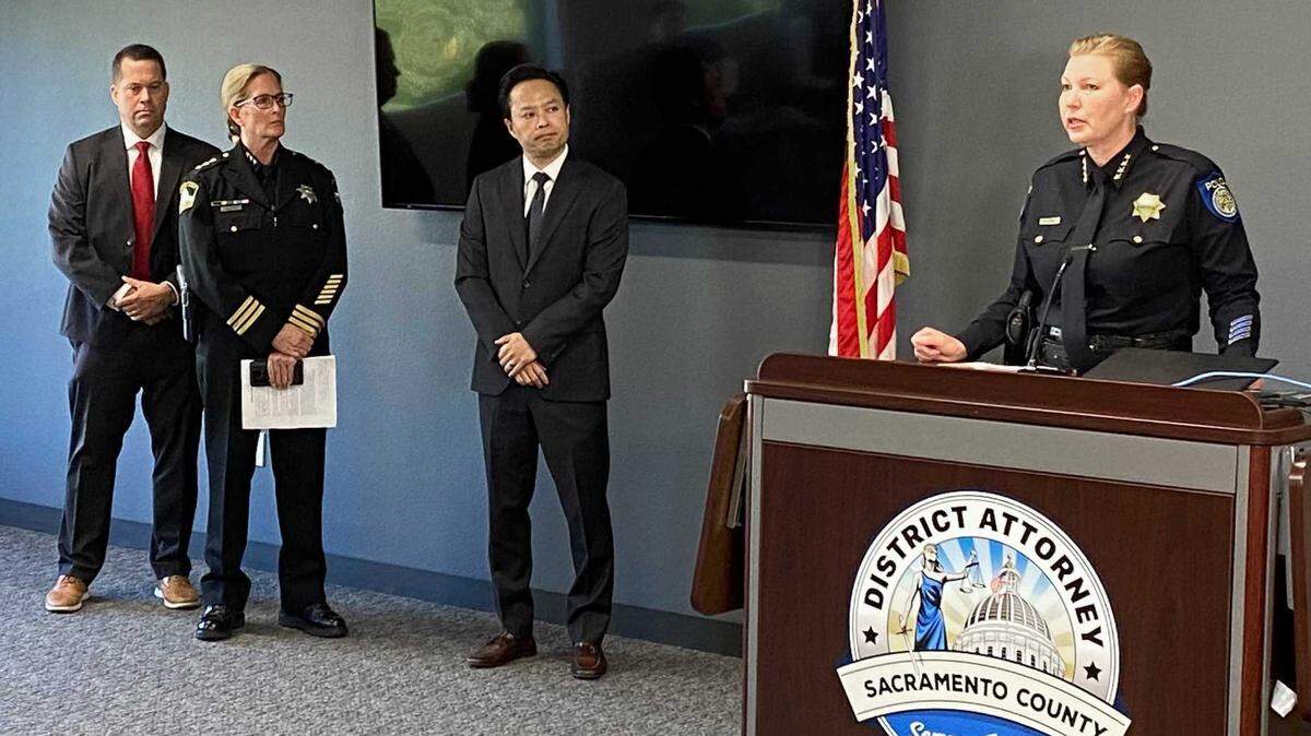 Sacramento Police Chief Kathy Lester, right, speaks to reporters about the arrest of Kabeh Cummings, a 35-year-old former Sacramento resident accused of multiple sexual assaults in the capital region. She and other authorities, including Sacramento County District Attorney Thien Ho, center, spoke their efforts in arresting Cummings in New York last week.