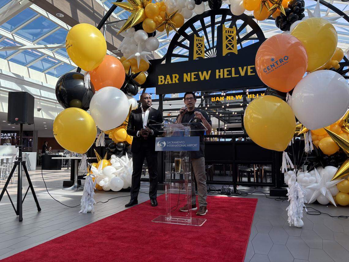 New Helvetia Brewing owner Dave Gull speaks at the Sacramento International Airport ribbon cutting ceremony for Bar New Helvetia and other new concessions on Thursday.