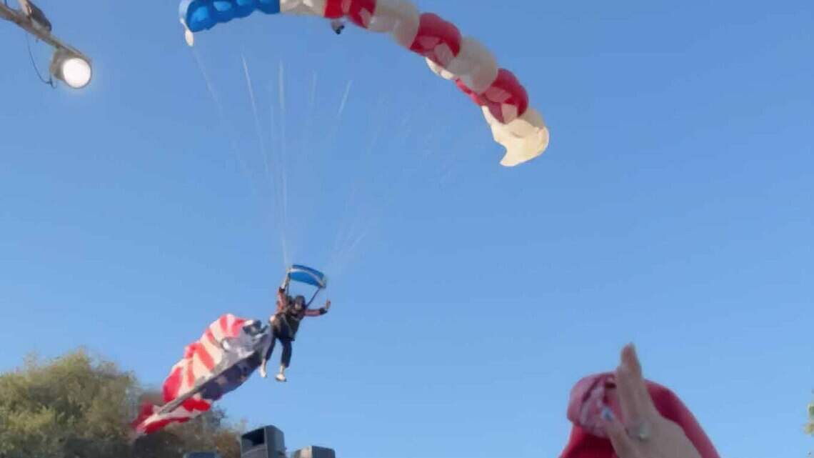 American flag snags tree, sending Folsom rodeo skydiver off course with cut lip