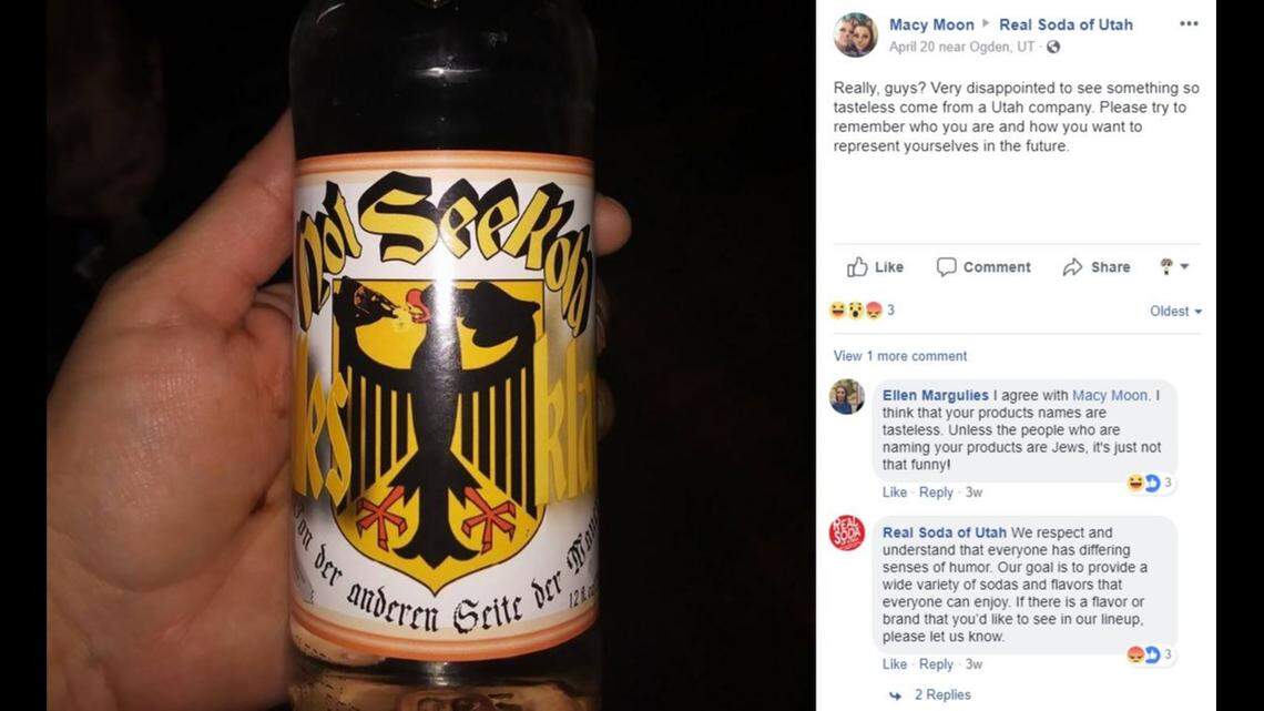A Utah grocery chain has pulled some beverages distributed by Real Soda of Utah after a customer complained online about drink names such as “Not See Kola” and “Orthodox Jooce,” along with label designs likened to Nazi symbols.