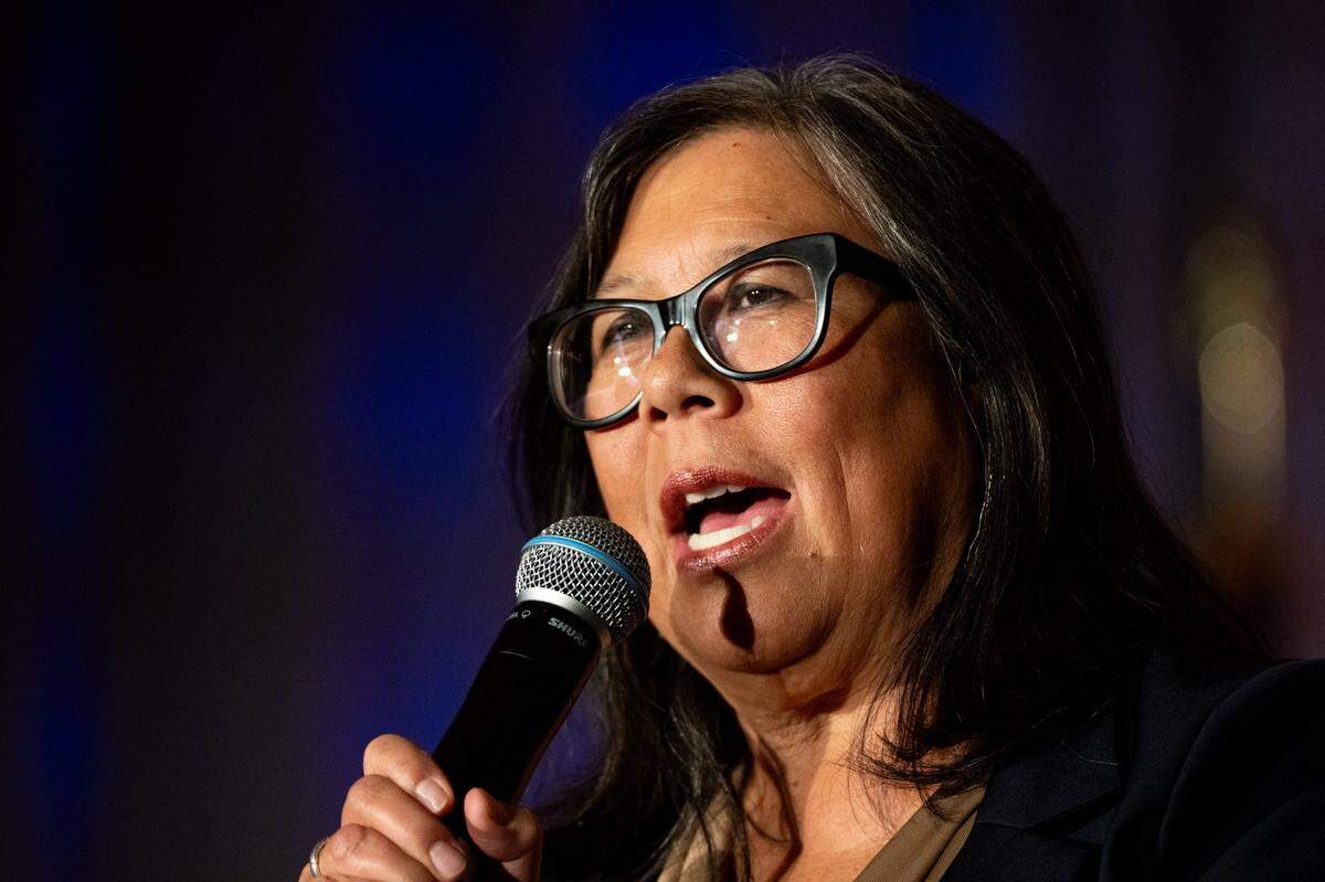Former state Controller Betty Yee speaks during a gubernatorial candidate salon hosted by the California Federation of Labor Unions, AFL-CIO and the State Building and Construction Trades Council at the Sheraton Grand Hotel in Sacramento on Monday.