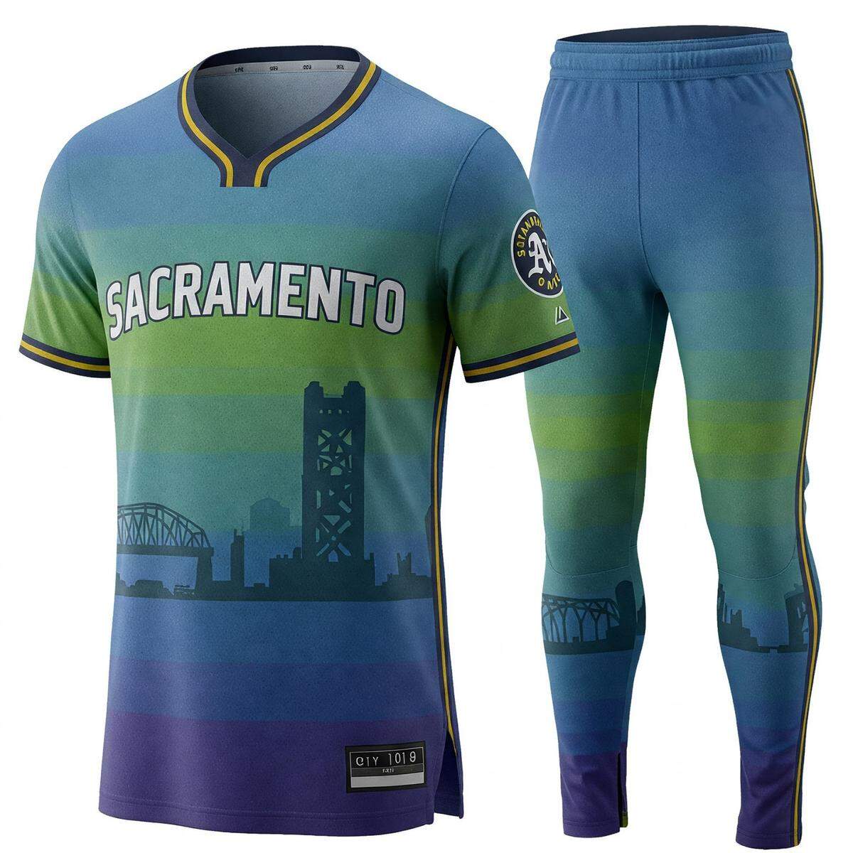 The A’s do not have a a City Connect uniform because the team is not officially connected to a city, even though it is current playing in West Sacramento. What would a uniform with a bridge theme look like? This is an AI-generated image.
