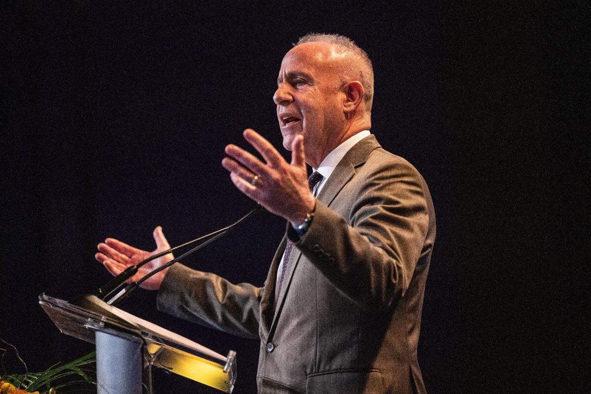 Sacramento Mayor Darrell Steinberg speaks at the State of Downtown on Tuesday. He mentioned that an “iconic” store could be coming to the downtown area.