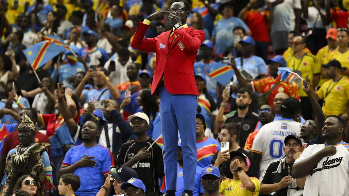 Congo DR fan Michel Nkuka Mboladinga, also known as Lumumba Vea, is seen before the FIFA World Cup 2026 Group K match between Colombia and Congo DR at Guadalajara Stadium on June 23, 2026 in Zapopan, Mexico.