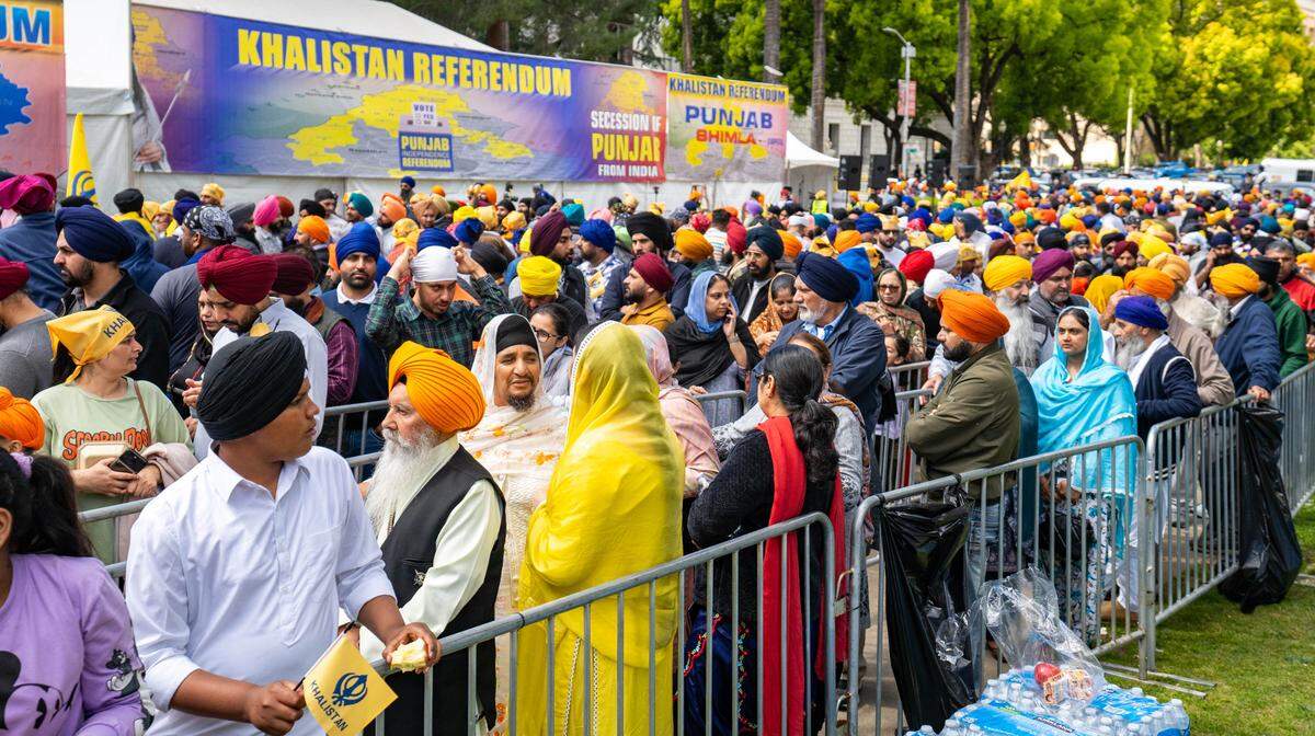 Thousands of Sikhs wait in line to vote in the Khalistan referendum at the state Capitol building on Sunday, March 31, 2024.