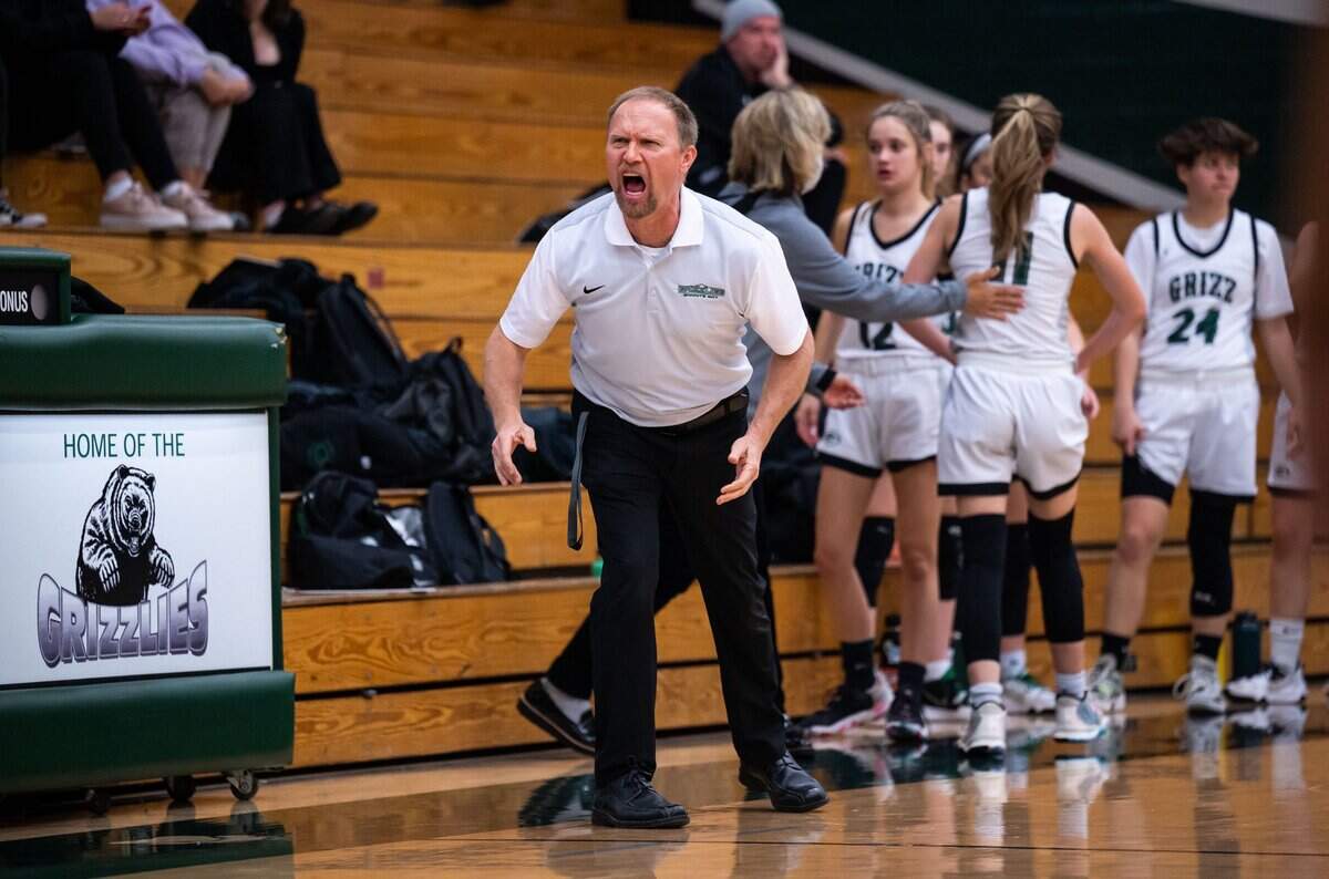 Granite Bay Grizzlies’ head coach Paul Shafto communicates with his players during the second period as they play against Rodriguez at the high school girls basketball Sac-Joaquin Section playoff game Thursday, Feb. 17, 2022, at Granite Bay High School. Rodriguez came from behind in the second half to beat Granite Bay, 57-50.