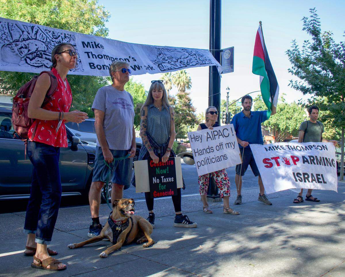 Demonstrators in Woodland protest Aug. 13, 2024 against military funds for Israel, calling for humanitarian aid for Palestinians in Gaza.