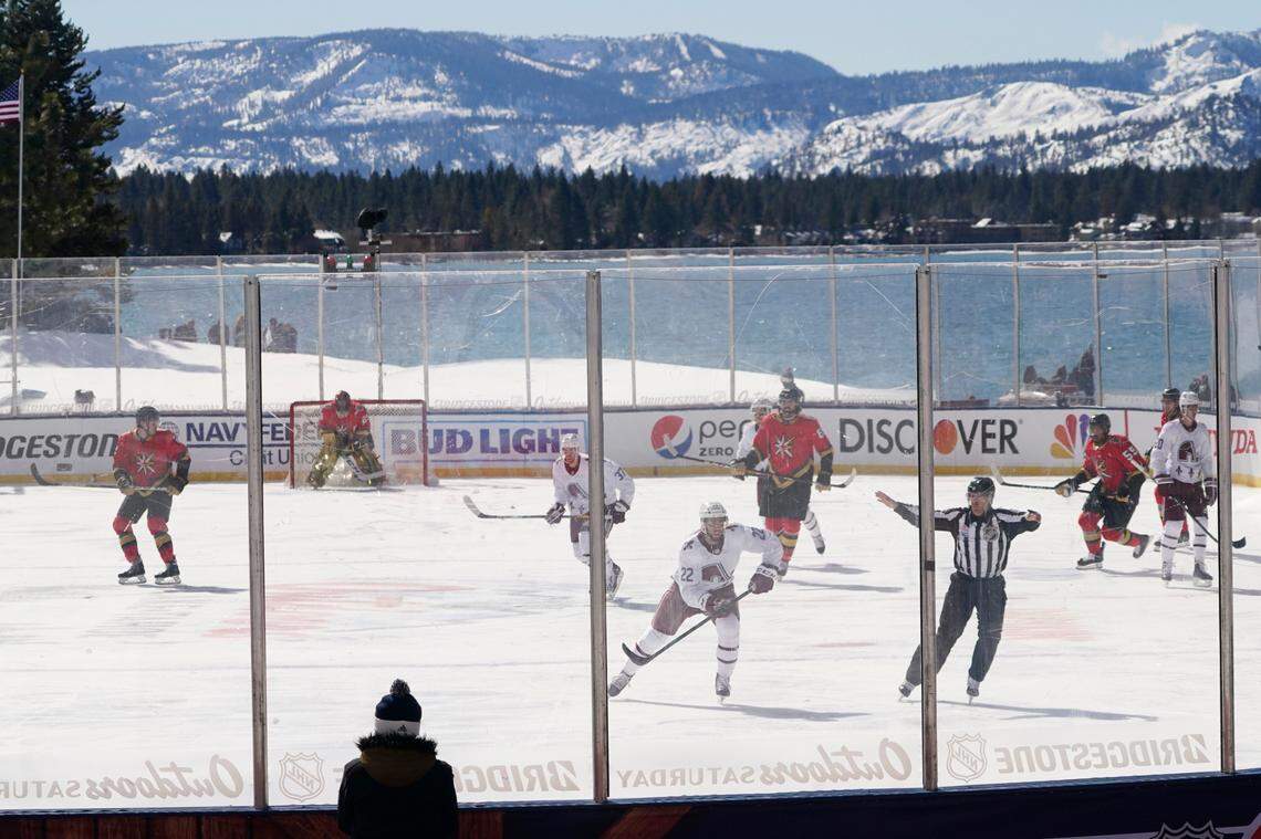 The NHL’s Colorado Avalanche and the Vegas Golden Knights play an outdoor hockey game in Stateline, Nev., in Febuary 2021. Slushy conditions disrupted the event.