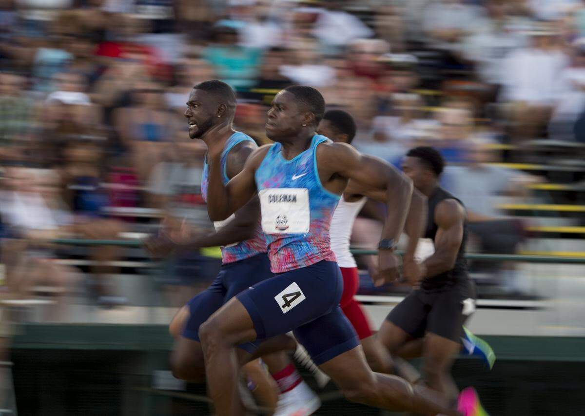 Justin Gatlin outlasted Christian Coleman to win the Men's 100 final during the USATF Outdoor Championships at Sacramento State on Friday June 23, 2017 in Sacramento, Calif.
