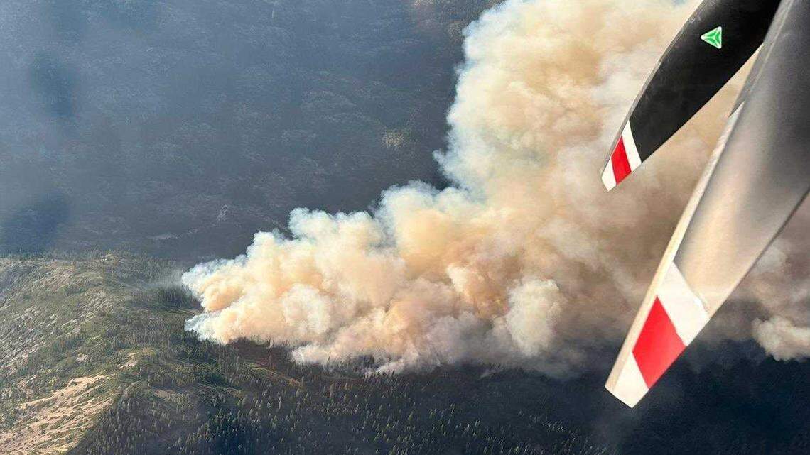Smoke from the Royal Fire is seen from a Cal Fire aircraft over the Tahoe National Forest blaze. On Monday, July 8, 2024, the fire had grown to 169 acres.