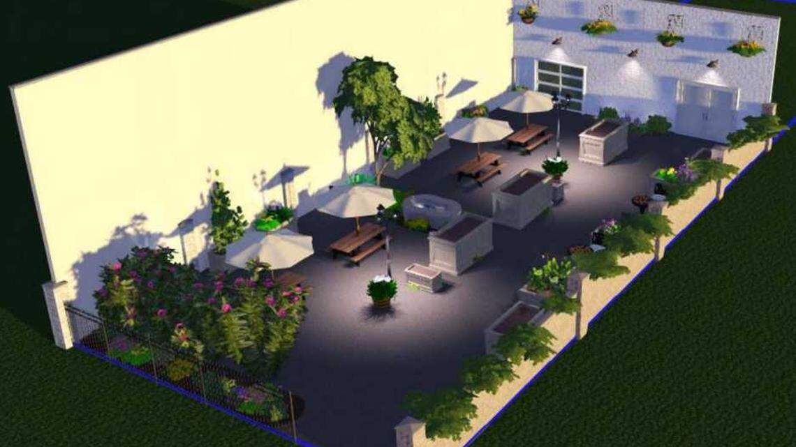 A rendering shows the proposed outdoor patio for a new cafe and bar in midtown.