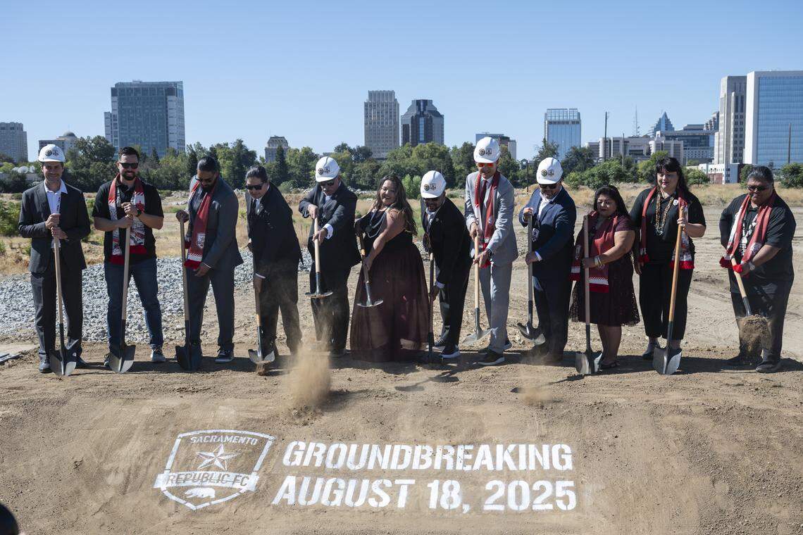 Members of Wilton Rancheria break ground on Republic FC’s new stadium in the Railyards in Sacramento on Monday.