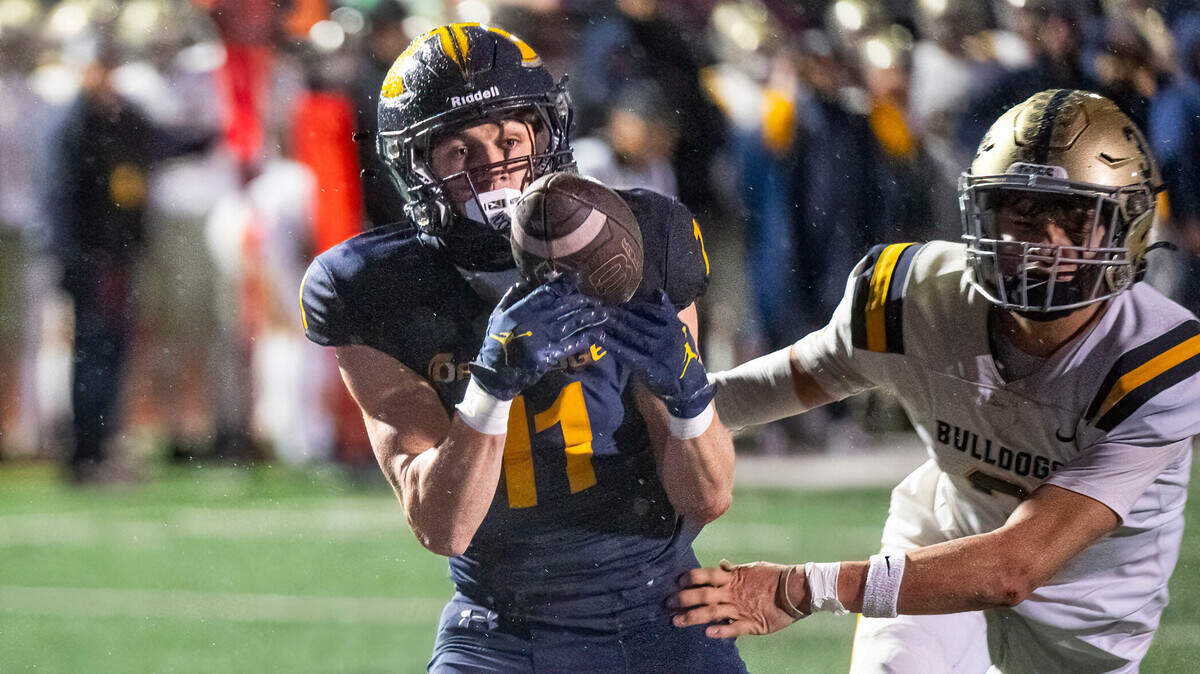 Oak Ridge Trojans receiver Issac Pierce (11) makes a 23-yard touchdown catch in the first half as the Turlock Bulldogs’ Leo Contreras (3) defends in a Sac-Joaquin Section semifinal playoff game on Friday in El Dorado Hills.