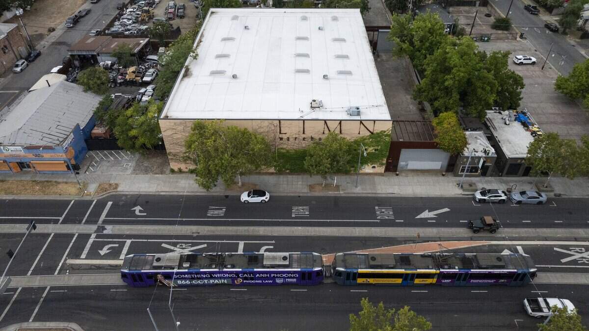 A drone view shows a proposed live music venue in Old North Sacramento on Monday. The building is a former furniture warehouse.
