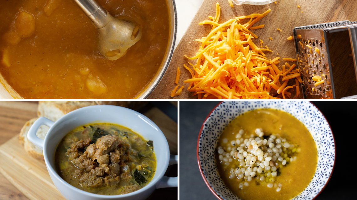 A composite showing cheesy potato soup, roasted pumpkin soup, and Italian wedding soup.