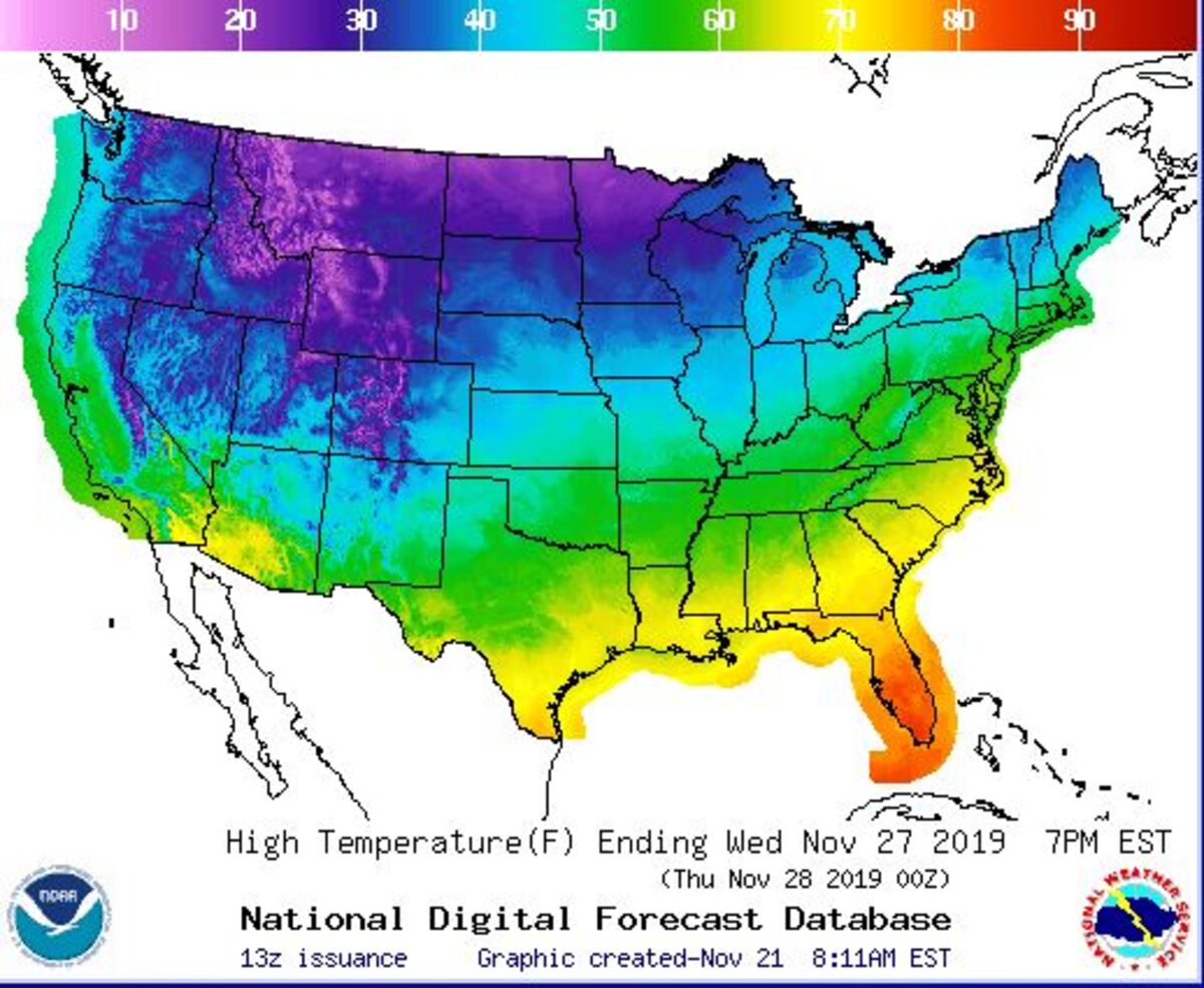 A graphic by the National Weather Service shows the nationwide temperature outlook for Wednesday, Nov. 27, 2019.