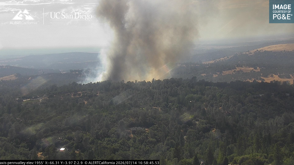 A screenshot of the Kearney Fire blaze in Nevada County on the afternoon of Tuesday, July 14, 2026.