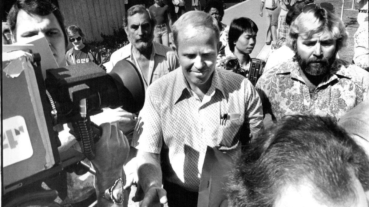 Allan Bakke is surround by news crews as he arrives for his first class at the UC Davis medical school in 1978, after the U.S. Supreme Court ordered the school to admit him. Bakke had sued the school for reverse discrimination after his applications were rejected in 1973 and 1974, and the court decided he had been illegally discriminated against because he is white.