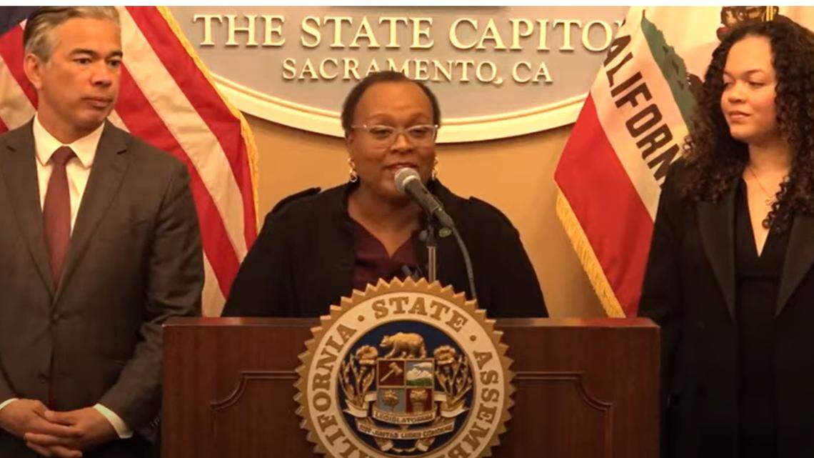 Assemblymember Lori Wilson, chair of California’s Legislative Black Caucus, calls upon her colleagues to add teeth to a measure that requires anti-bias training for health care teams. California Attorney General Rob Bonta, left, and Gabrielle Brown, the program coordinator at Black Women for Wellness, right, also back the bill.