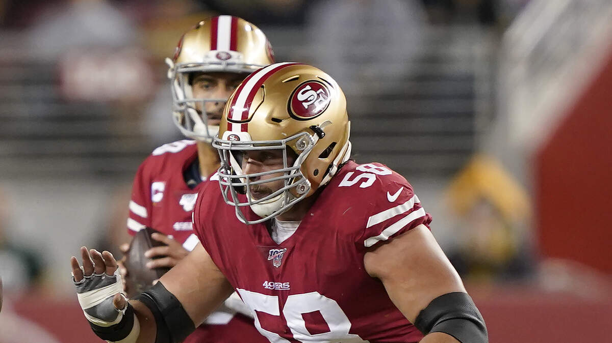 San Francisco center Weston Richburg was carted off the field Sunday after a leg injury against the Saints.