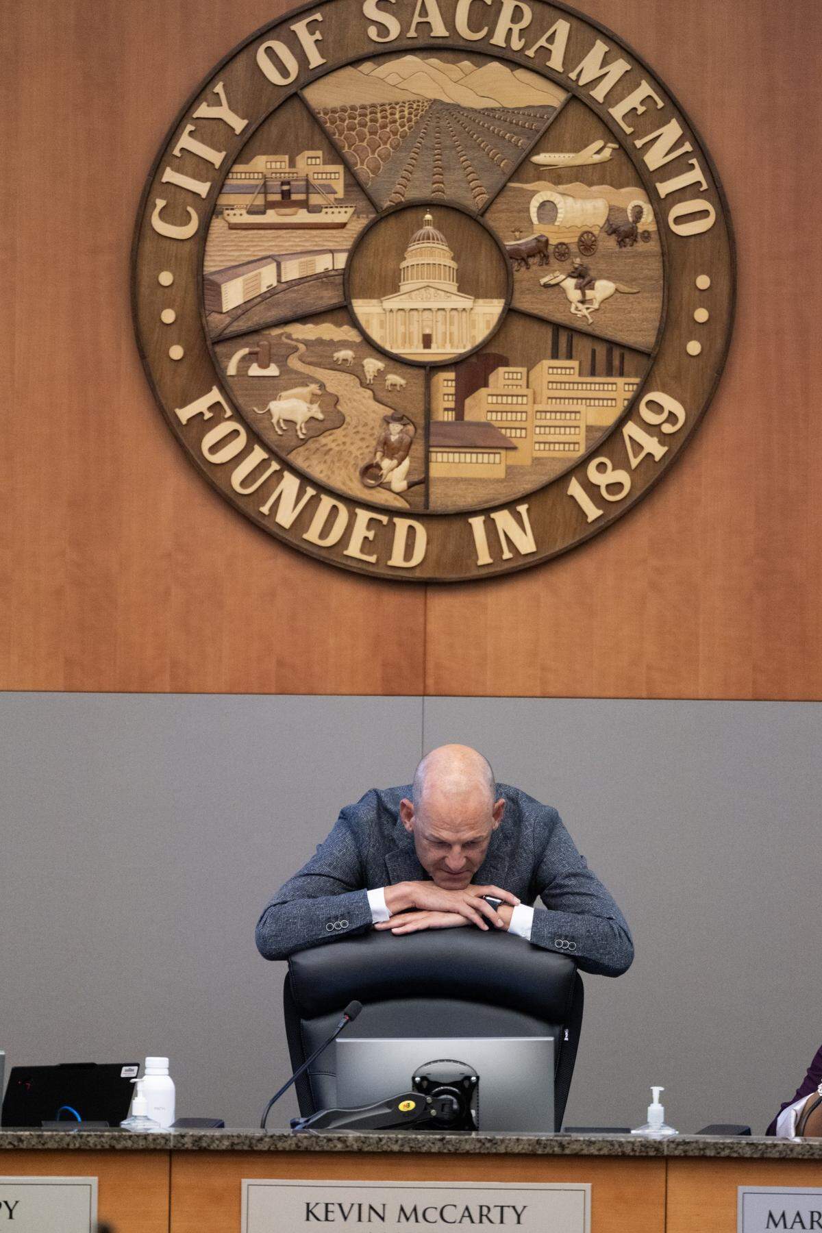 Sacramento Mayor Kevin McCarty listens during the City Council meeting discussing budget cuts on Tuesday.