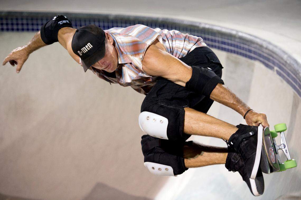 N-Men member Steve “Steve-O” Brockway, 52, skates in the peanut bowl at the Granite Skateboard Park in Sacramento. The N-Men are Sacramento’s longest-running skateboard crew with many members now in their 50s and 60s. Their exploits are chronicled in a new documentary being screened at the Crest Theatre on Friday and Saturday.