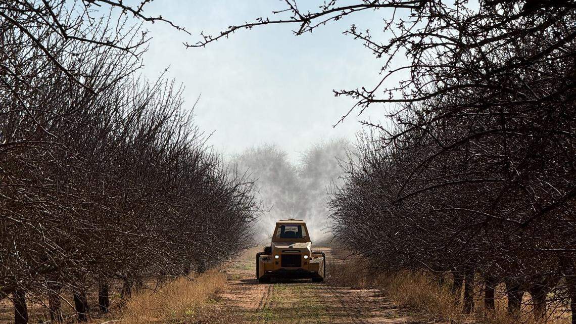 A Bonsai-powered OMC AR-500 autonomously sprays an orchard in Davis. By reimagining how farm equipment can be designed with autonomy, Bonsai boosts efficiency for growers. 