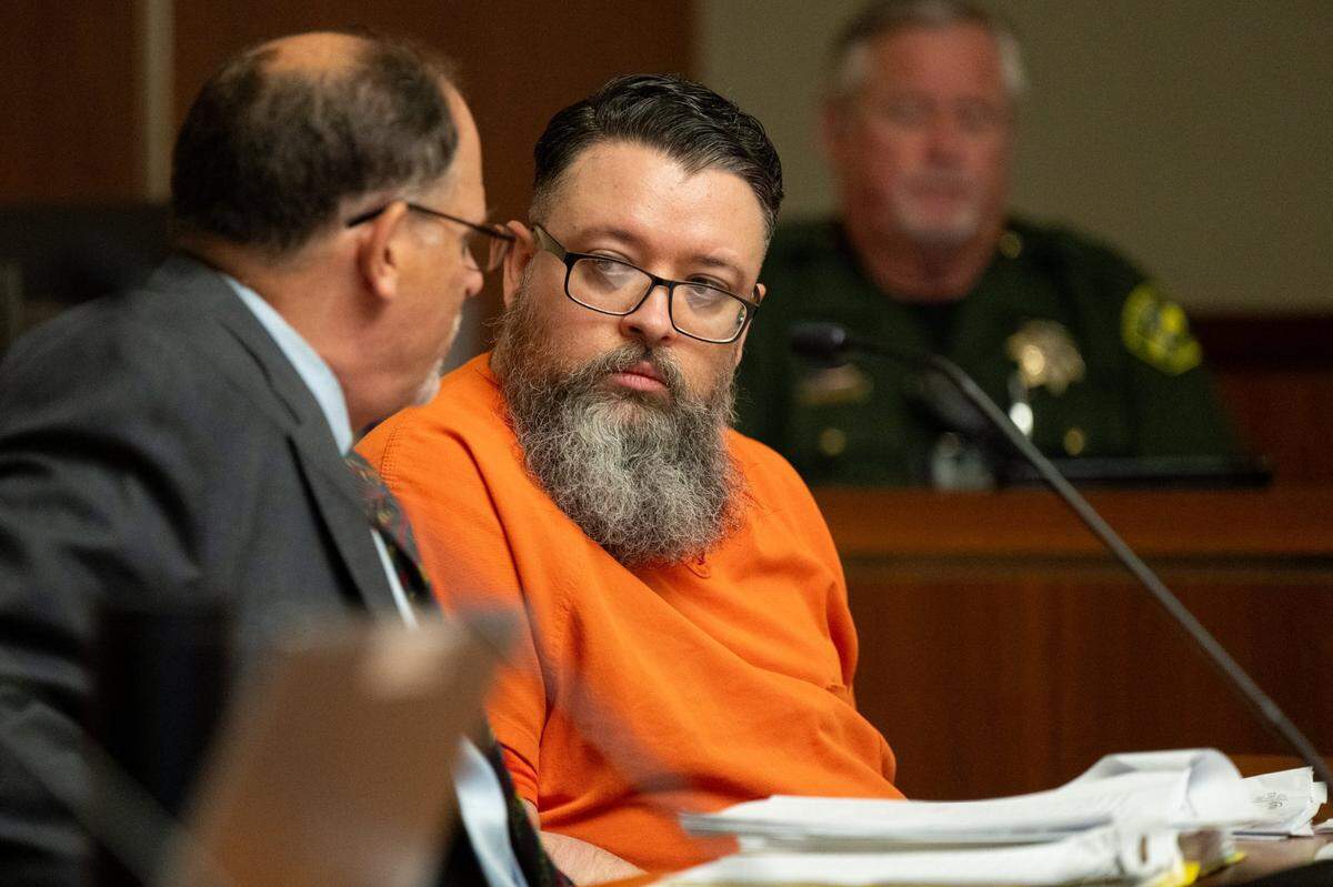 Cory Albert Blakley, 38, listens to defense attorney Barry Zimmerman on Wednesday, May 14, 2025, in Placer Superior Court during his sentencing hearing for the second-degree murder of his 9-year-old adopted son Cyrus. He received 15 years to life in prison.