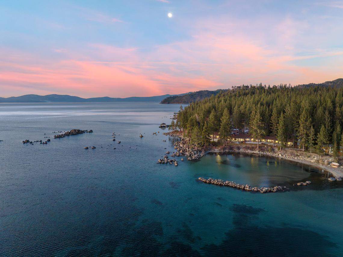 For sale for $65 million, this Glenbrook, Nevada home on the shores of Lake Tahoe provides a protected area allowing for swimming in calm waters.