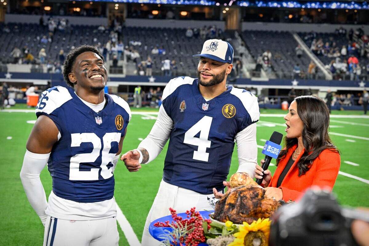 Dallas Cowboys cornerback DaRon Bland (26) and quarterback Dak Prescott (4) eat turkey legs after the Cowboys’ victory over the Washington Commanders on Thursday, Nov. 23, 2023, at AT&T Stadium in Arlington, Texas.