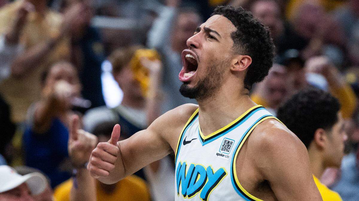 Indiana Pacers guard Tyrese Haliburton (0) celebrates during Game 4 of the second round for the 2025 NBA playoffs against the Cleveland Cavaliers at Gainbridge Fieldhouse. in Indianapolis, Indiana.