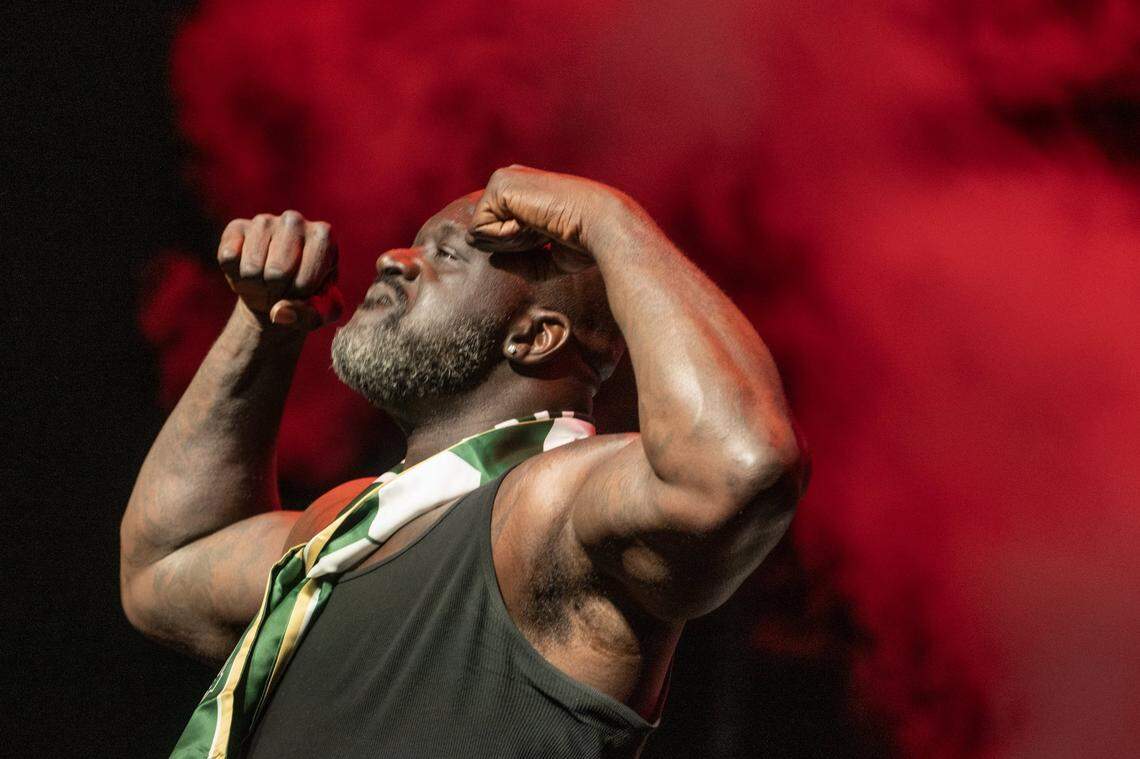 Shaquille O’Neal, aka DJ Diesel, performs at Heart Health Park in Sacramento on Friday.
