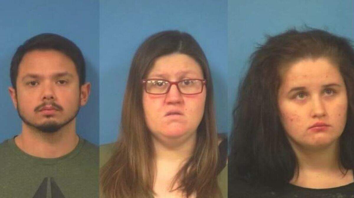 James Thatcher, 28, left, Chelsea Demille, 30, and Sandra Wombles, 19, are accused of holding Thatcher’s mentally disabled mother and older brother against their will. Two Nye County sheriff’s deputies and a sergeant are on leave pending an investigation they twice visited the home and failed to help the captive mom and son.