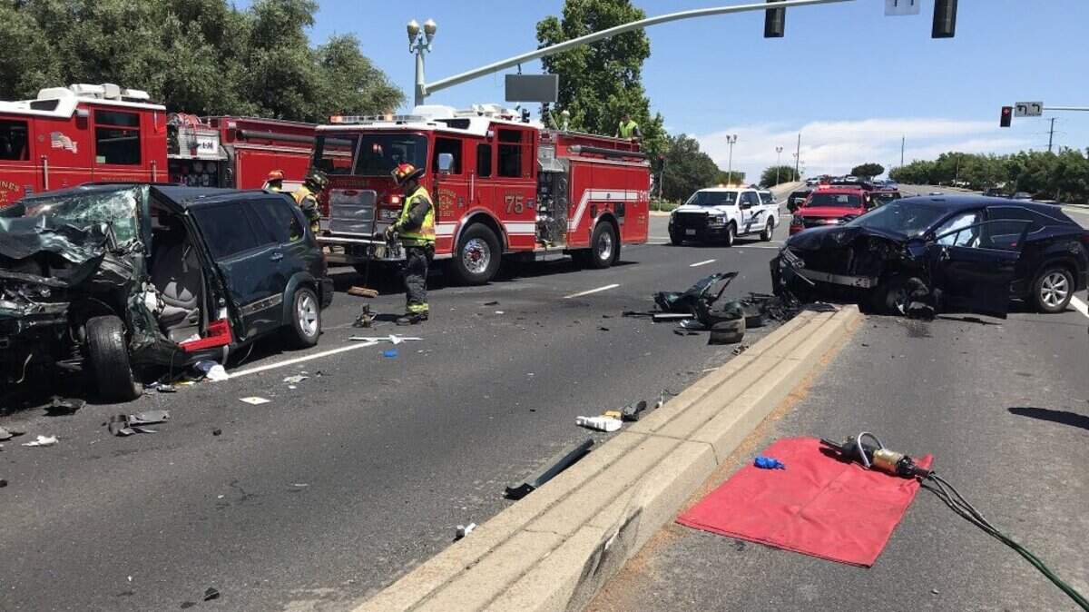 Five people were taken to area hospitals after a four-car collision in Elk Grove left them with injuries on Sunday.