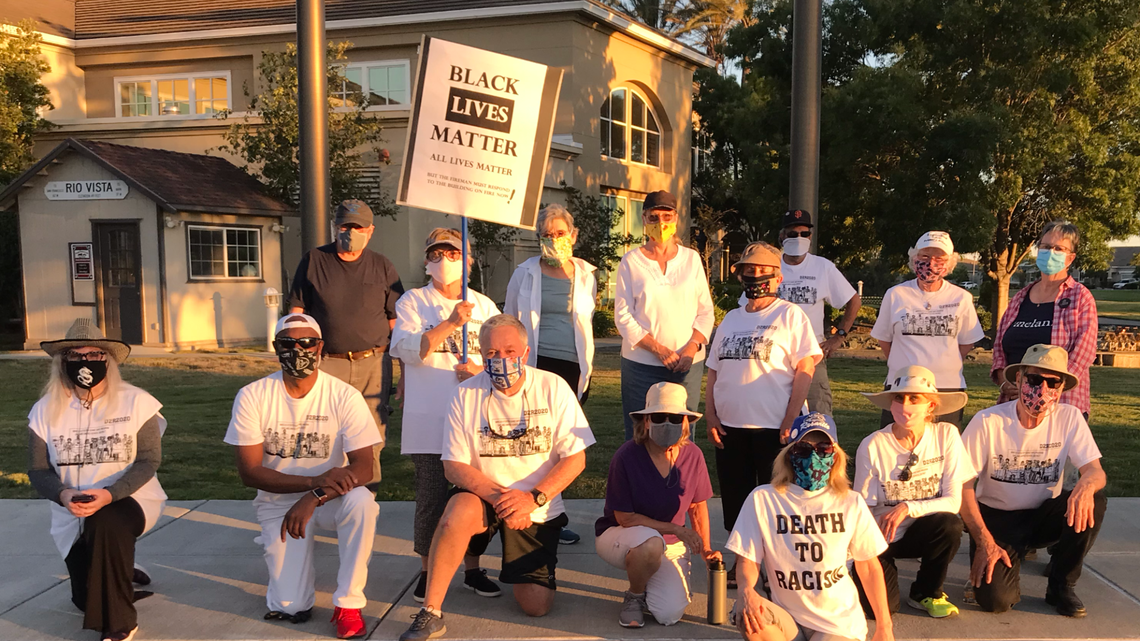 Residents of Rio Vista, California participate in a daily walk against racism on Monday, June 6, 2020.