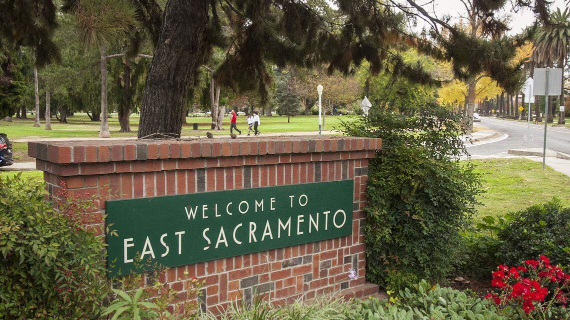 A sign at the entrance to McKinley Park on Alhambra Boulevard welcomes people to East Sacramento.