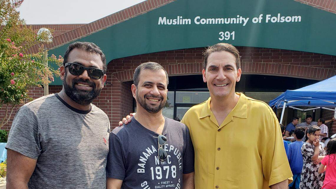 Republican House candidate Andrew Grant, right, poses with Mohammed Khader, (left) current president of the Muslim Community of Folsom, and Fiaz Saied, former president, on Aug. 26, 2018.