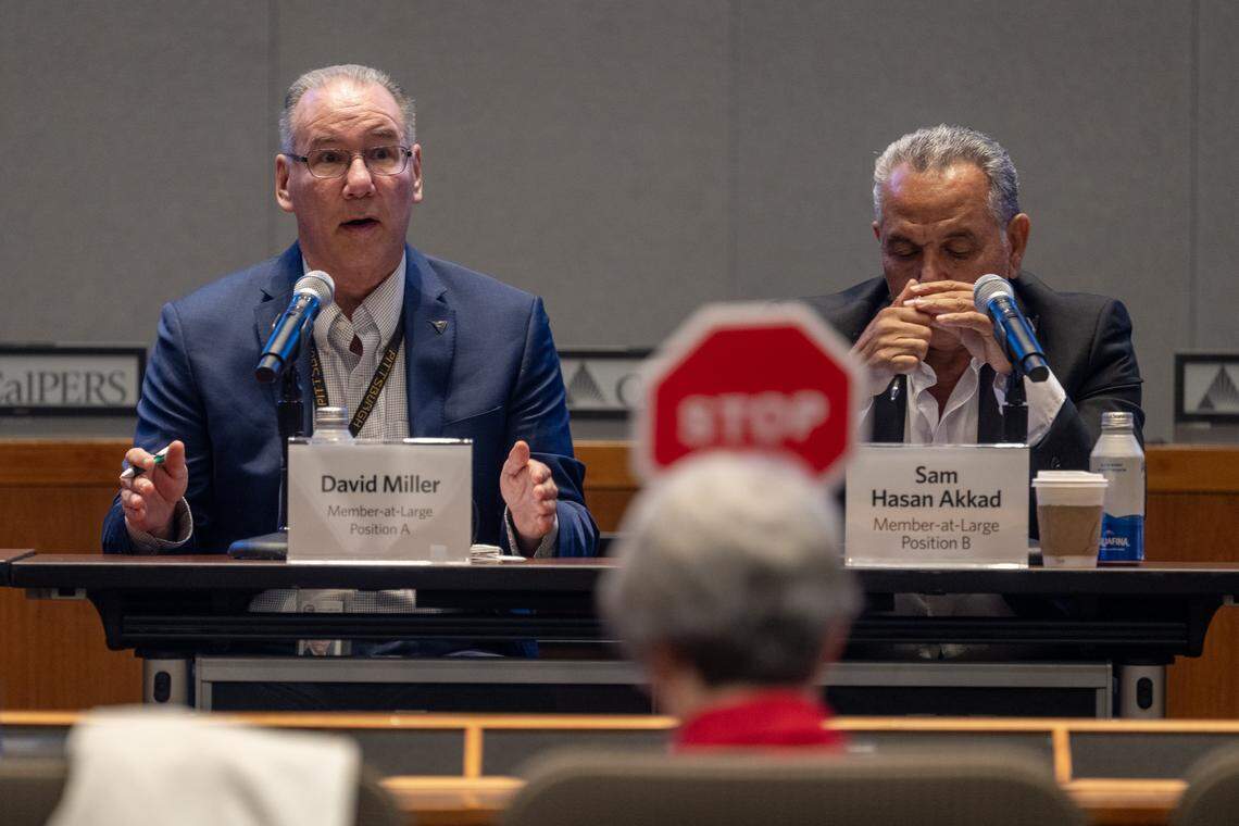 Incumbent CalPERS board candidate David Miller answers a question during a candidate forum at CalPERS headquarters in Sacramento on Wednesday.