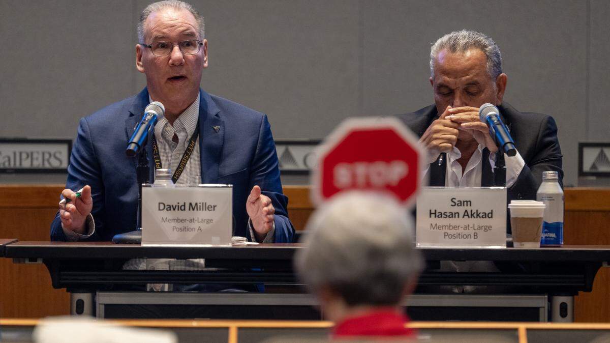 Incumbent CalPERS board candidate David Miller answers a question during a candidate forum at CalPERS headquarters in Sacramento on Wednesday, Sept. 3, 2025. Miller was reelected with 54% of the votes.