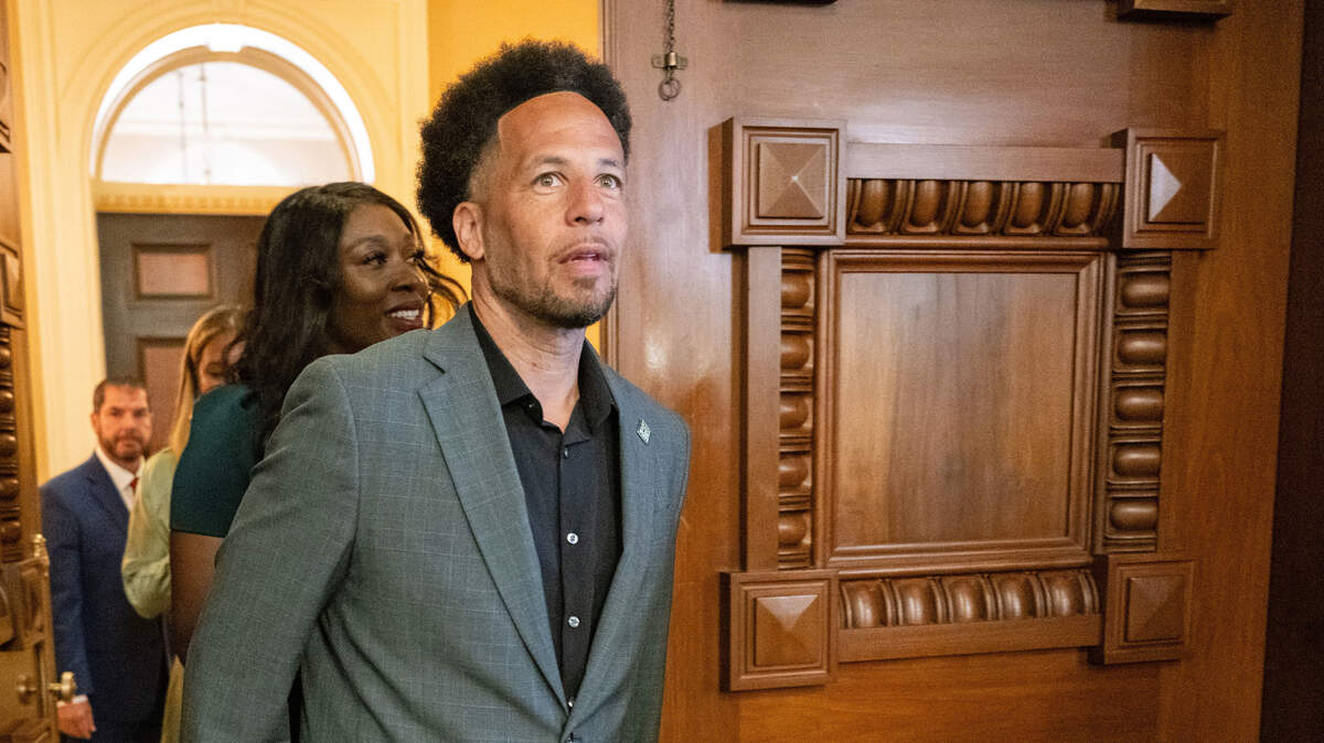 Sacramento State President Luke Wood is joined by his wife Idara Essien-Wood as he attends an Assembly session on Thursday, June 6, 2024, to recognize the university as a Black Serving Institution.