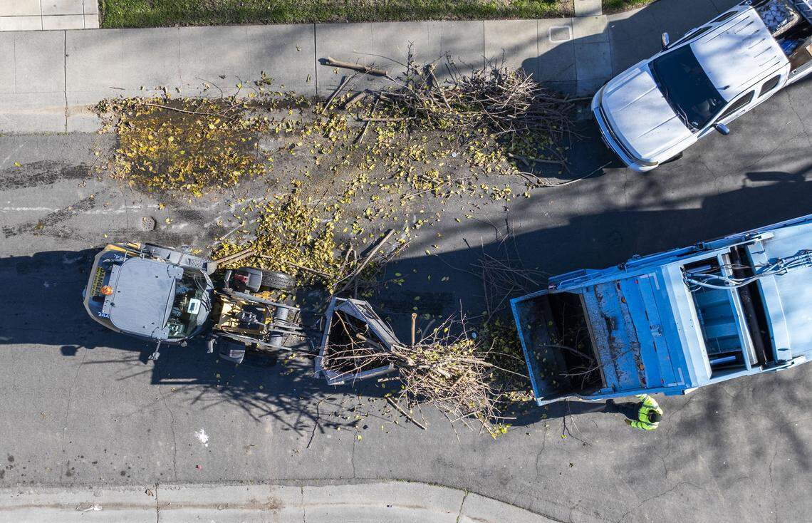 Marie Raymond, a city of Sacramento Claw operator, places yard waste into a garbage truck in South Natomas on Jan. 9.