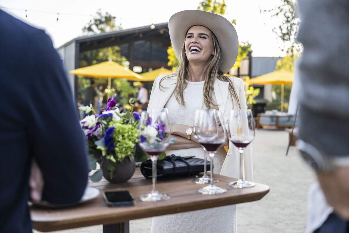 Shashana Sabonis speaks with guests Saturday in Napa Valley during a private unveiling of two new vintages from the Ones family wine brand that she shares with her husband.